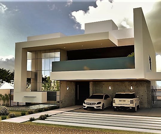 Render de residência contemporânea com garagem coberta